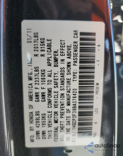 2011 Honda Accord Lx из США, поврежденный, VIN 1HGCP2F39BA076420